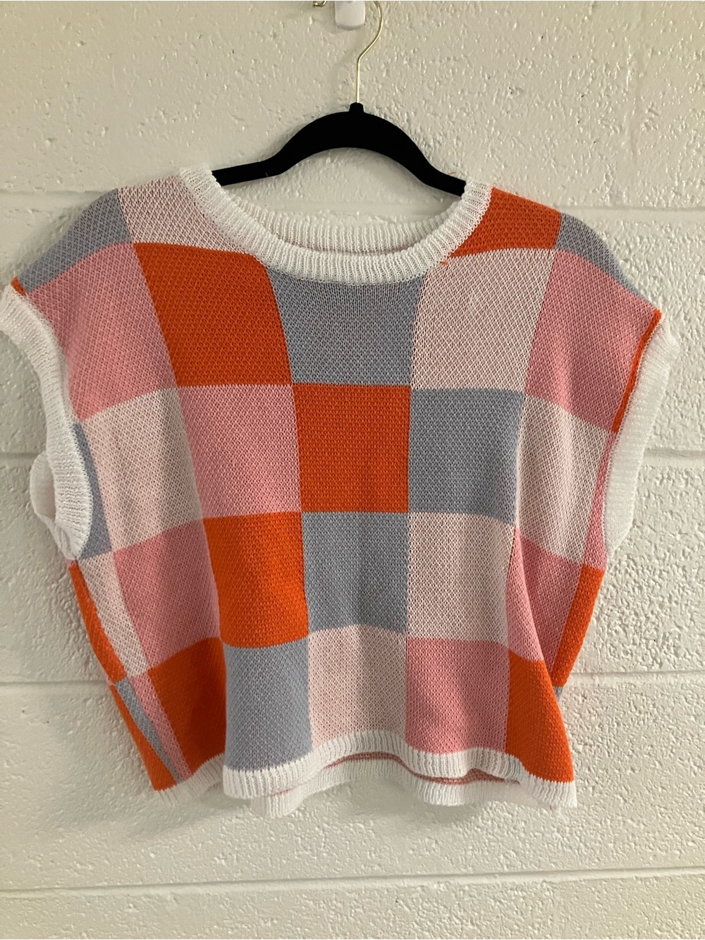 SHEIN Pink, Orange & Gray Check Knit Crop Vest